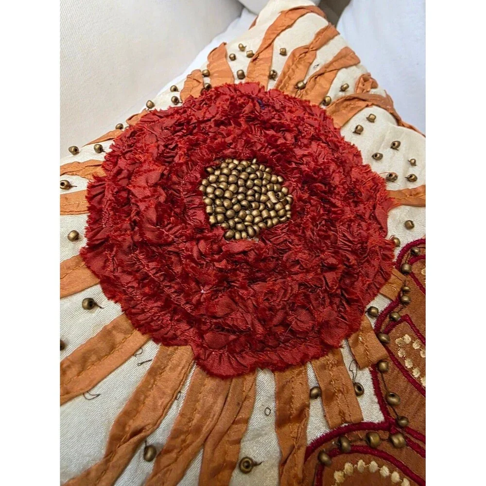 Pier 1 Floral Beaded Embroidered Square Ribbon Burgundy Rust Pillow Cover 18x18